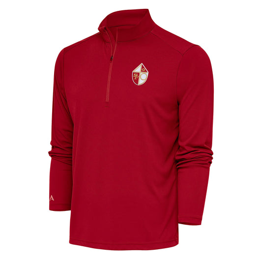 Men's Antigua Scarlet San Francisco 49ers Team Logo Throwback Tribute Quarter-Zip Pullover Top
