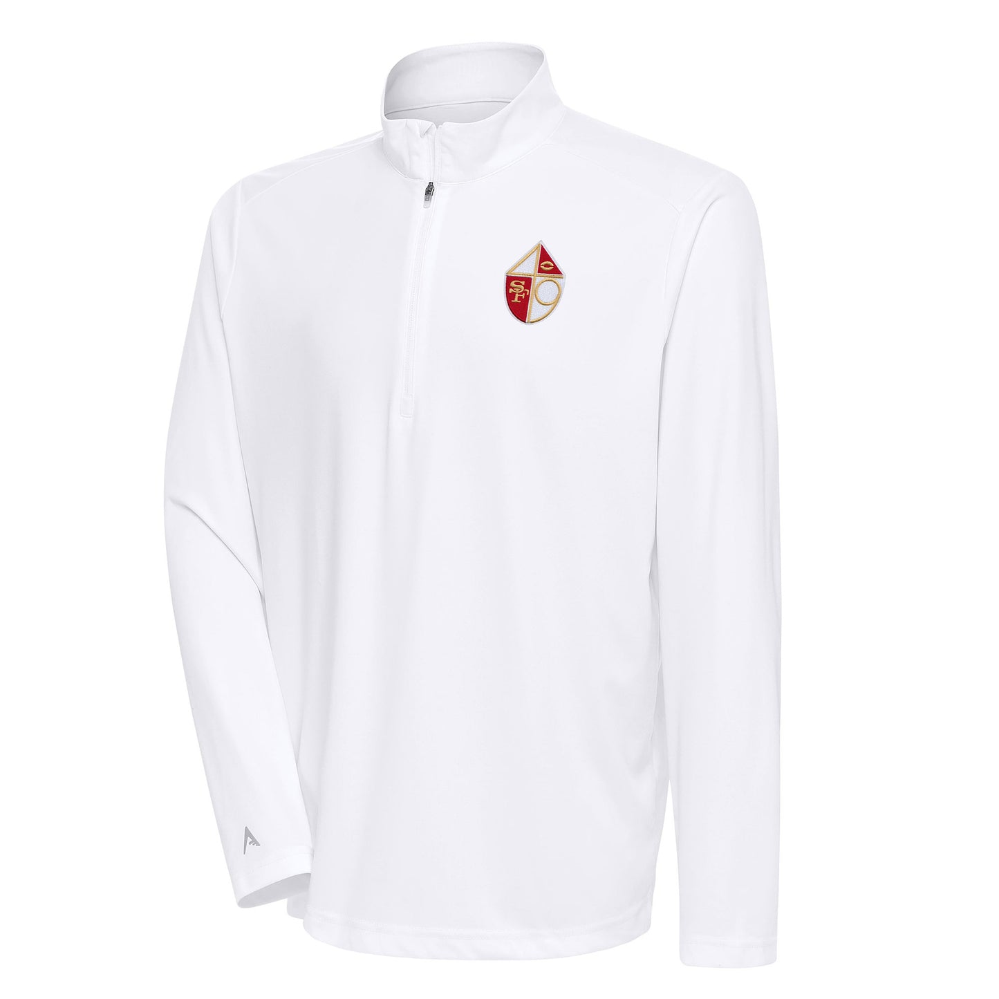 Men's Antigua White San Francisco 49ers Team Logo Throwback Tribute Quarter-Zip Pullover Top