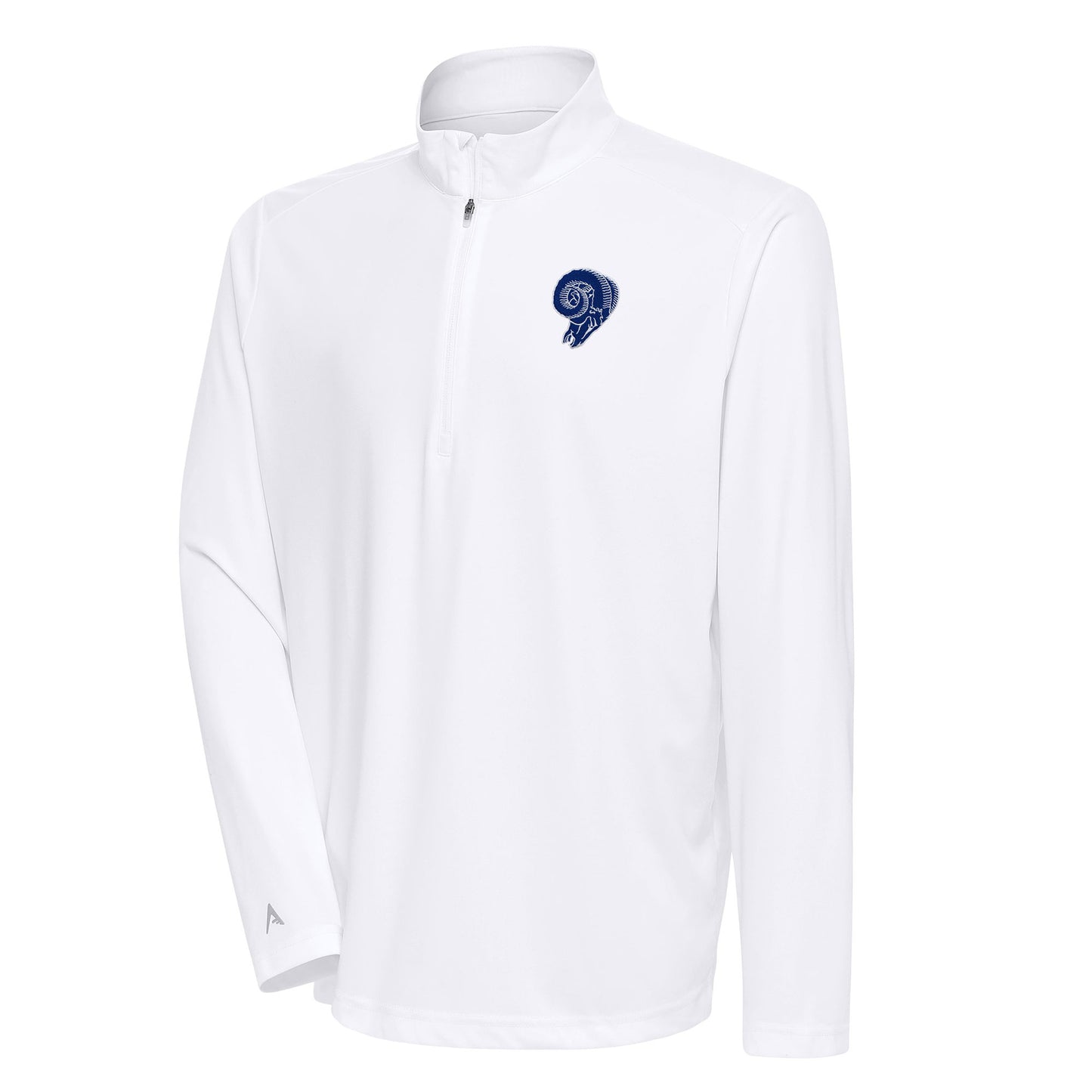 Men's Antigua White Los Angeles Rams Team Logo Throwback Tribute Quarter-Zip Pullover Top