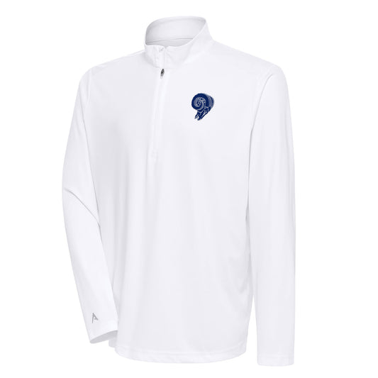 Men's Antigua White Los Angeles Rams Team Logo Throwback Tribute Quarter-Zip Pullover Top