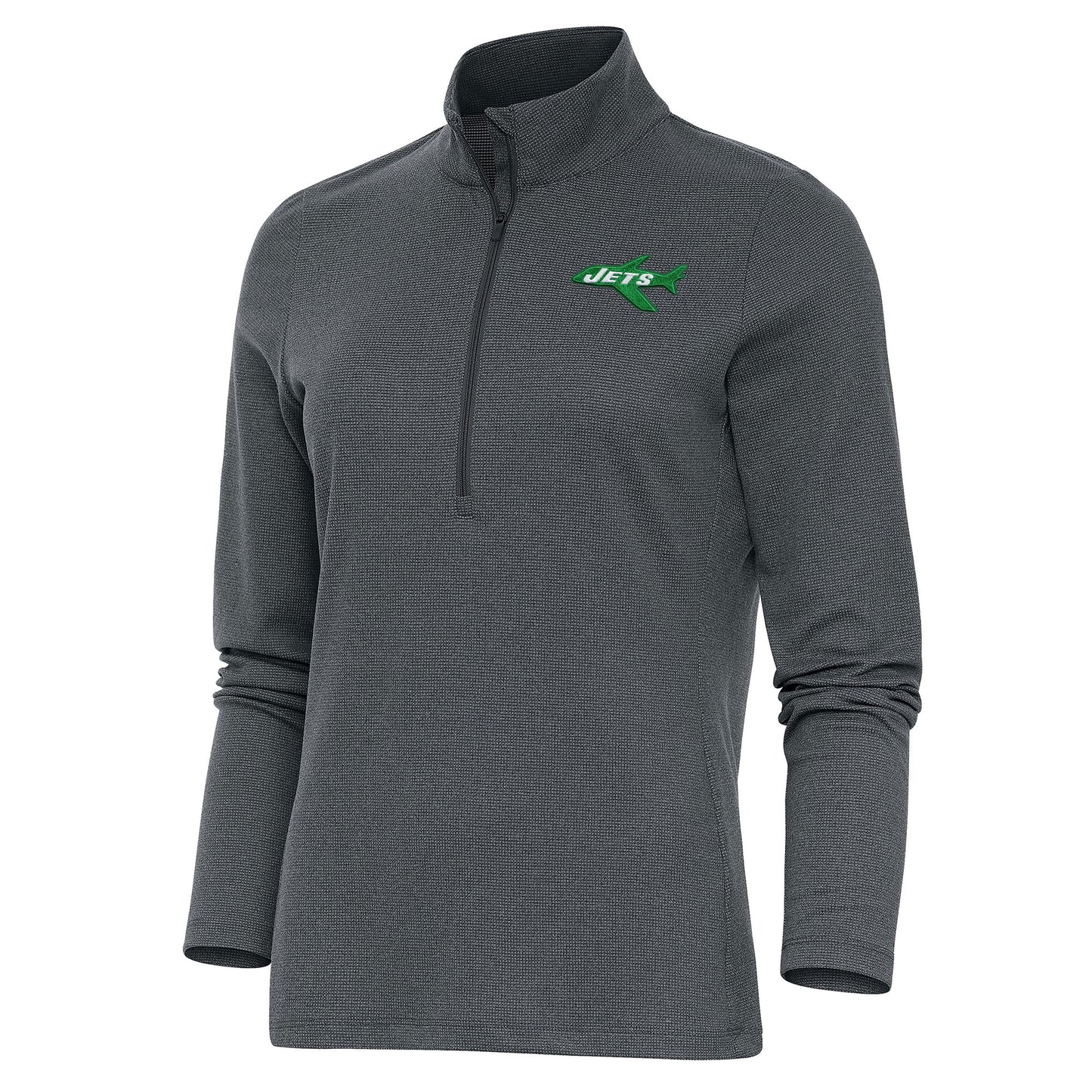 Women's Antigua Heather Charcoal New York Jets Throwback Logo Epic Quarter-Zip Pullover Top