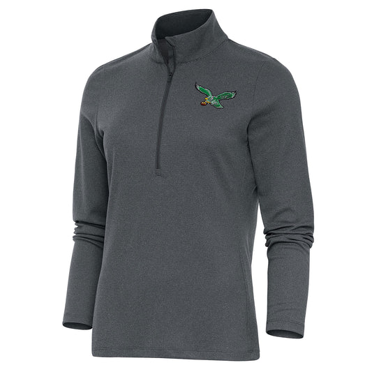 Women's Antigua Heather Charcoal Philadelphia Eagles Throwback Logo Epic Quarter-Zip Pullover Top