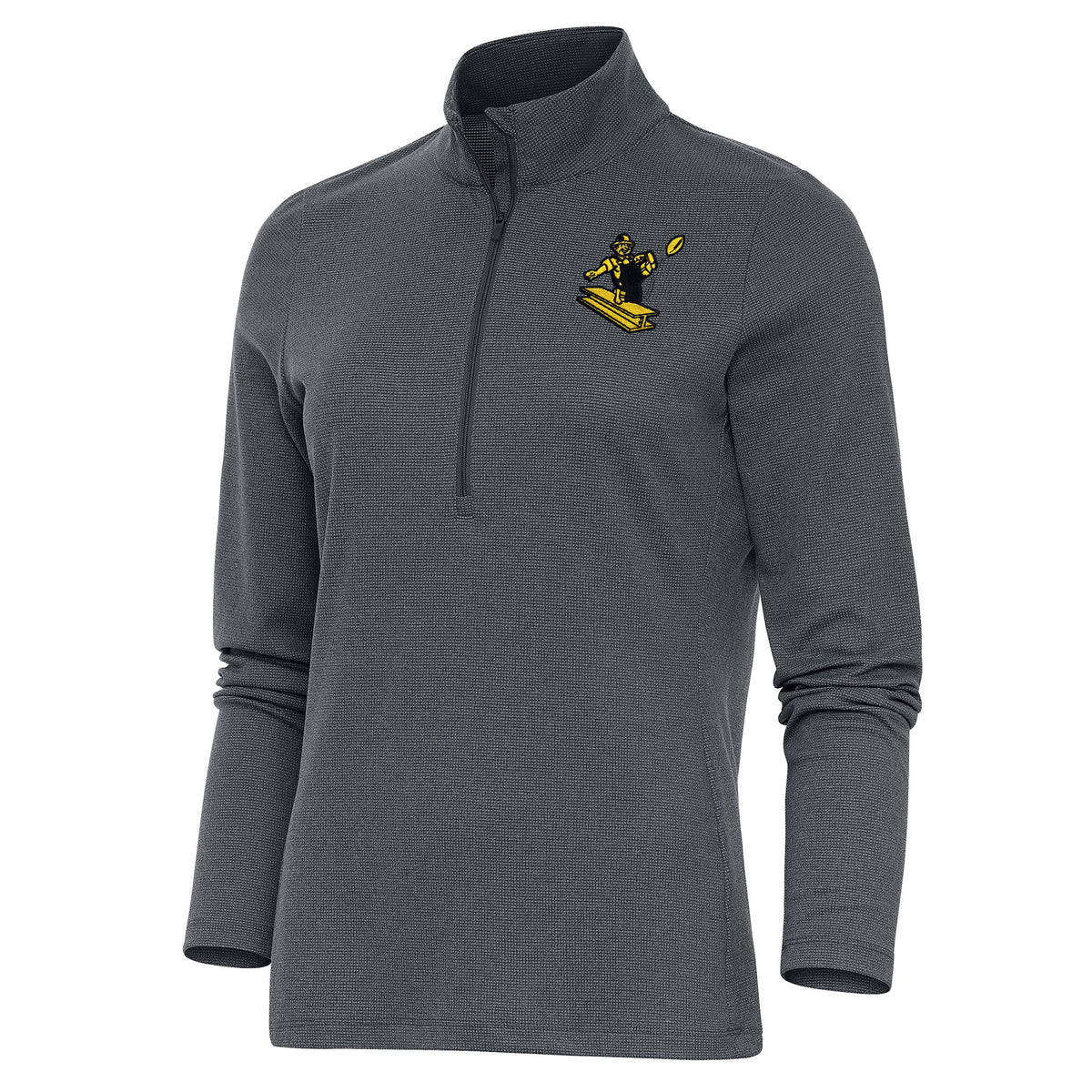 Women's Antigua Heather Charcoal Pittsburgh Steelers Throwback Logo Epic Quarter-Zip Pullover Top
