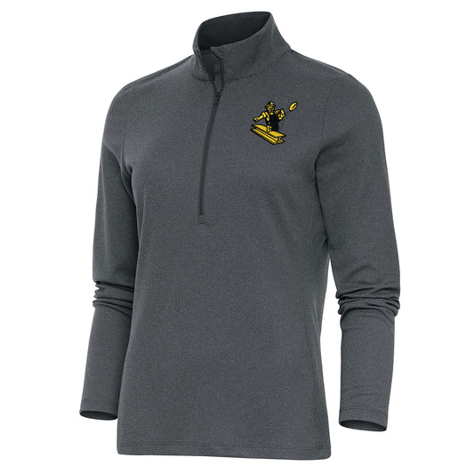 Women's Antigua Heather Charcoal Pittsburgh Steelers Throwback Logo Epic Quarter-Zip Pullover Top