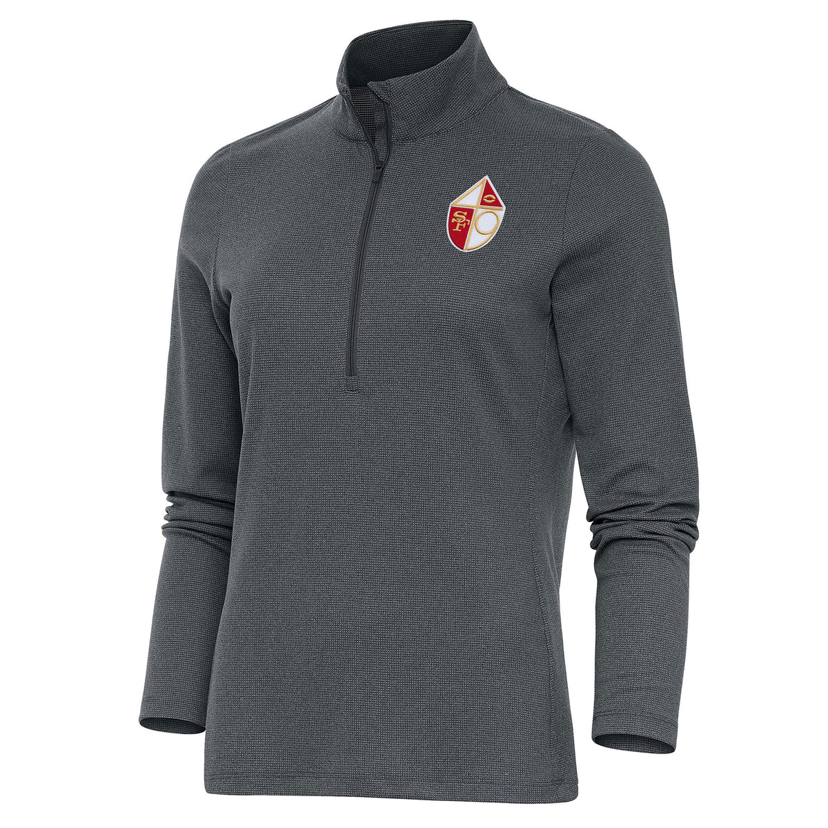 Women's Antigua Heather Charcoal San Francisco 49ers Throwback Logo Epic Quarter-Zip Pullover Top