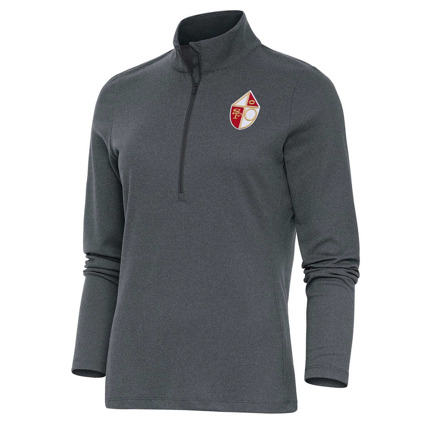 Women's Antigua Heather Charcoal San Francisco 49ers Throwback Logo Epic Quarter-Zip Pullover Top