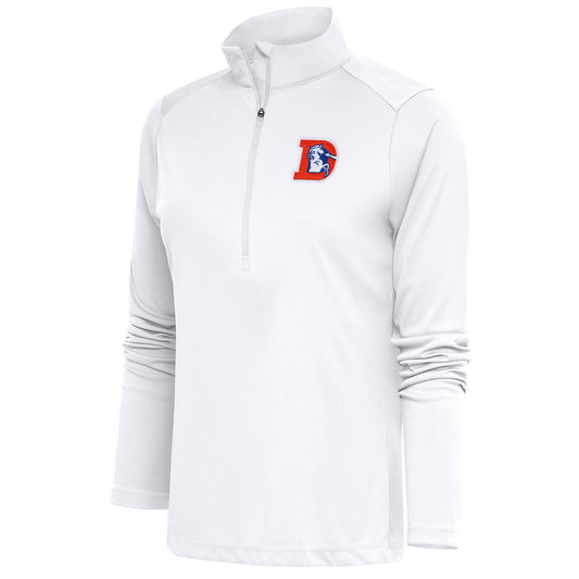 Women's Antigua White Denver Broncos Throwback Logo Tribute Half-Zip Pullover Top