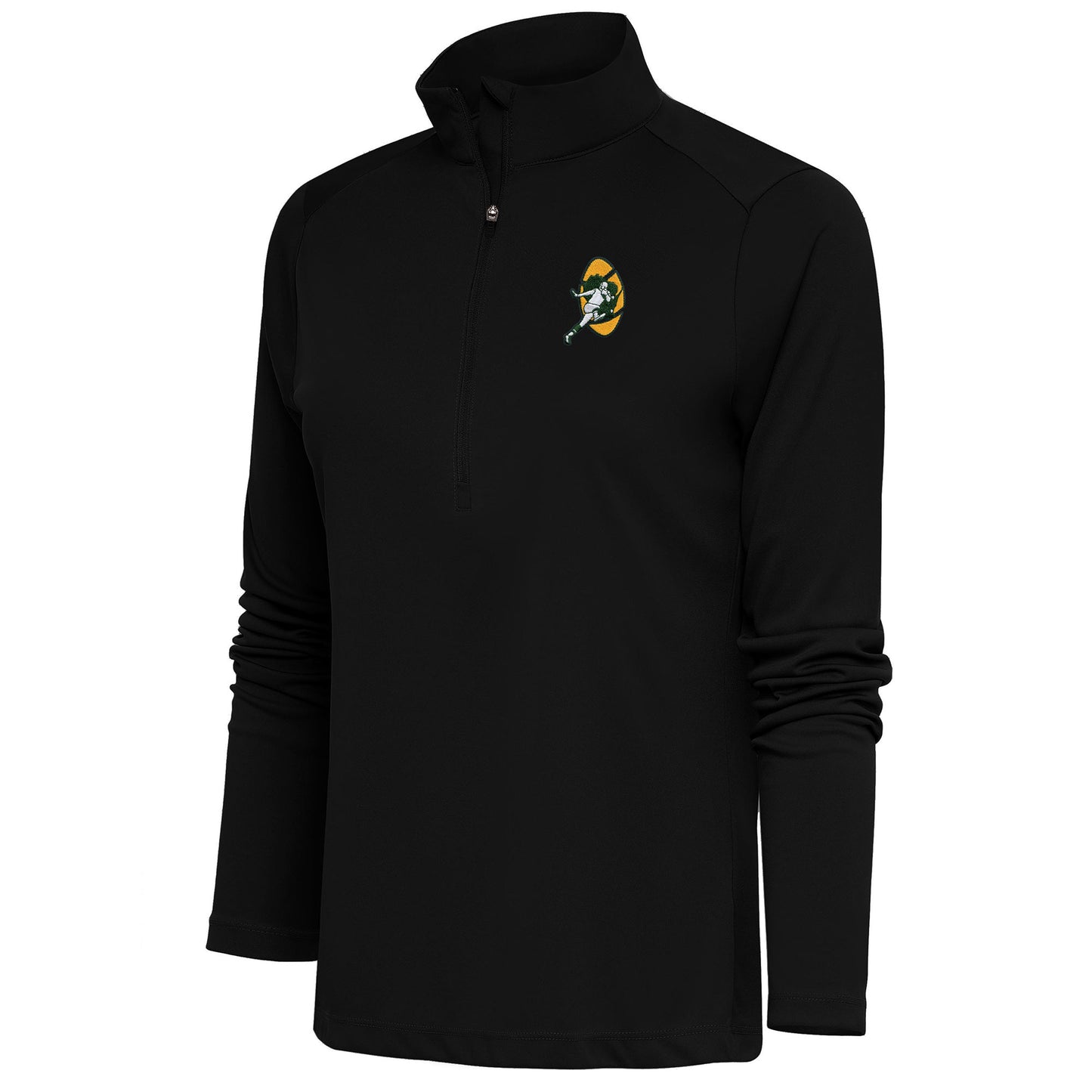 Women's Antigua Black Green Bay Packers Throwback Logo Tribute Half-Zip Pullover Top