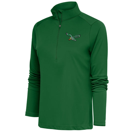 Women's Antigua Green Philadelphia Eagles Throwback Logo Tribute Half-Zip Pullover Top