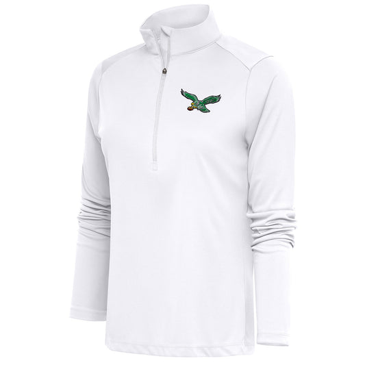 Women's Antigua White Philadelphia Eagles Throwback Logo Tribute Half-Zip Pullover Top