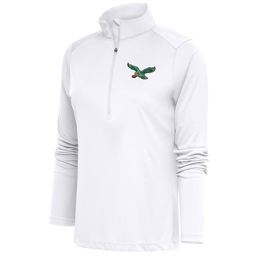 Women's Antigua White Philadelphia Eagles Throwback Logo Tribute Half-Zip Pullover Top