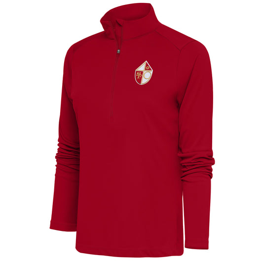 Women's Antigua Scarlet San Francisco 49ers Throwback Logo Tribute Half-Zip Pullover Top