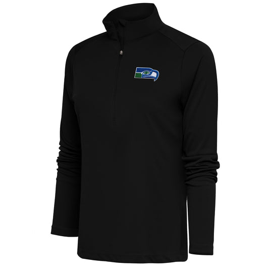 Women's Antigua Black Seattle Seahawks Throwback Logo Tribute Half-Zip Pullover Top