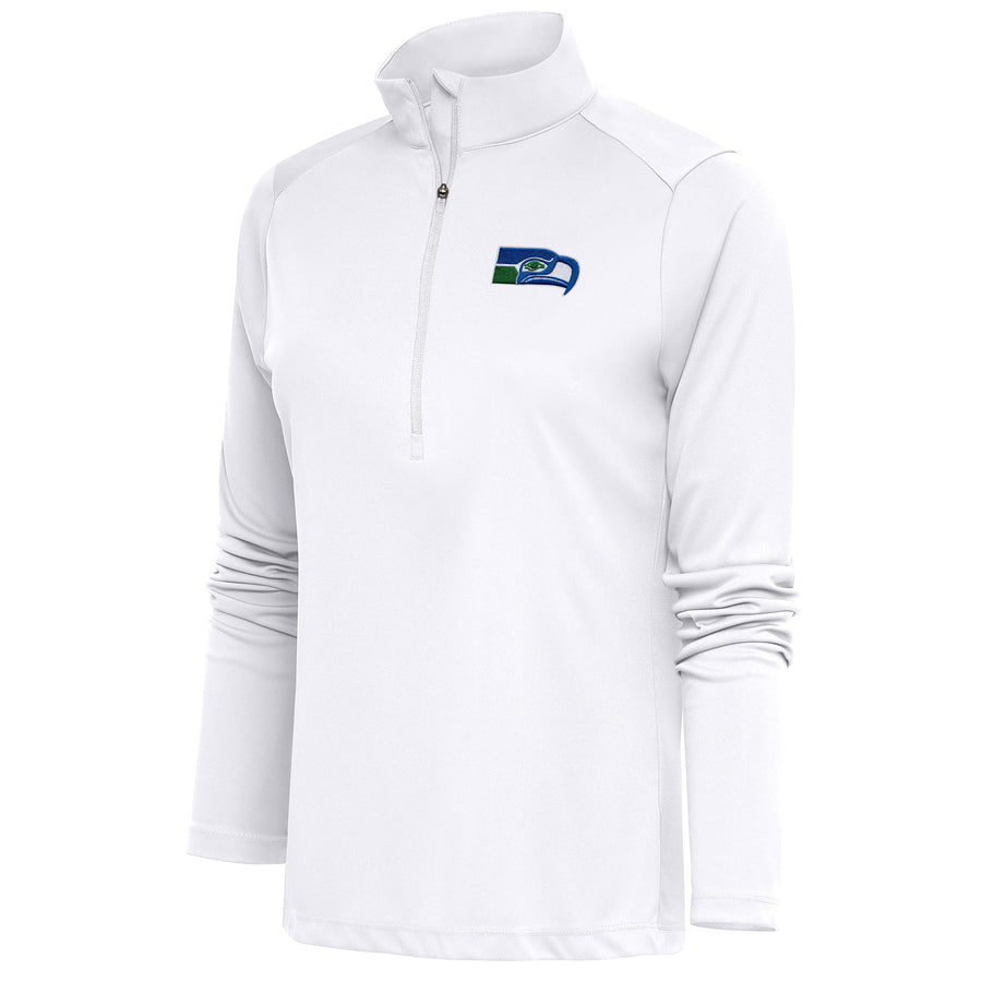 Women's Antigua White Seattle Seahawks Throwback Logo Tribute Half-Zip Pullover Top