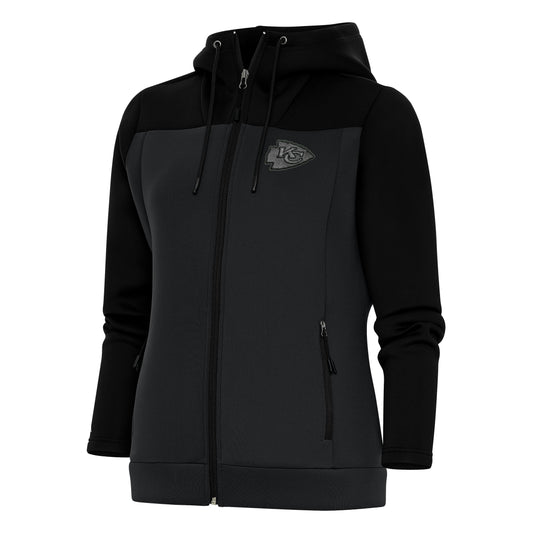 Women's Antigua Black/Charcoal Kansas City Chiefs Tonal Logo Protect Full-Zip Hoodie Jacket