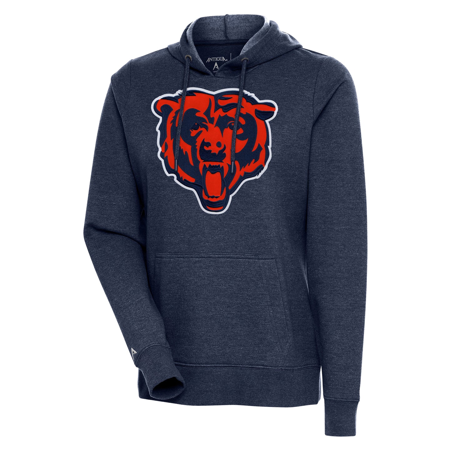 Women's Antigua Heather Navy Chicago Bears Mascot Action Pullover Hoodie