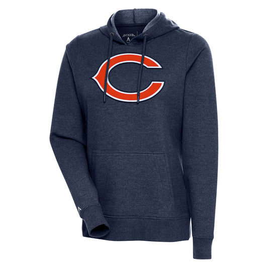 Women's Antigua Heather Navy Chicago Bears Primary Logo Action Pullover Hoodie