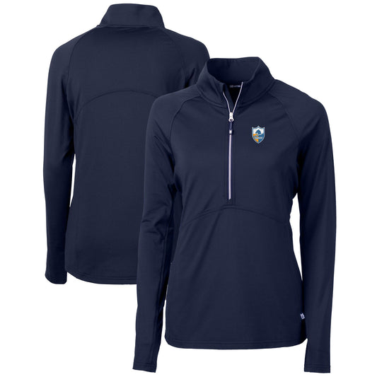 Women's Cutter & Buck Navy Los Angeles Chargers Throwback Logo Adapt Eco Knit Stretch Recycled Half-Zip Pullover Top