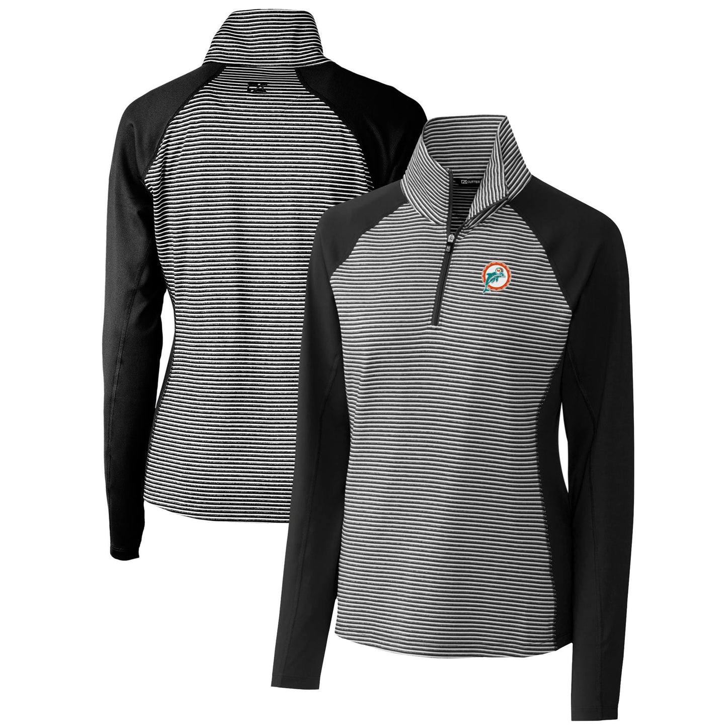 Women's Cutter & Buck Black Miami Dolphins Throwback Logo Forge Tonal Stripe Stretch Half-Zip Pullover Top