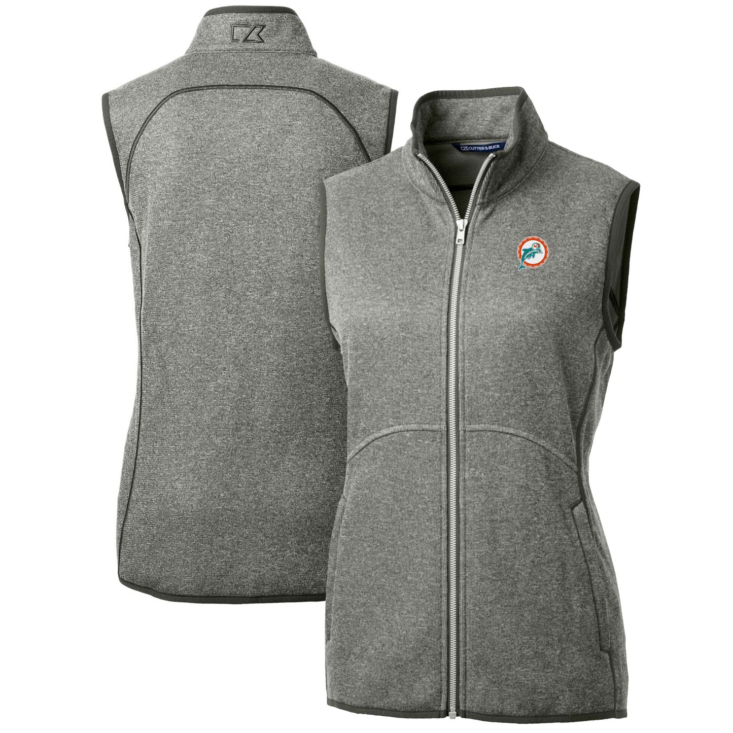 Women's Cutter & Buck Heather Gray Miami Dolphins Throwback Logo Mainsail Basic Sweater Knit Fleece Full-Zip Vest