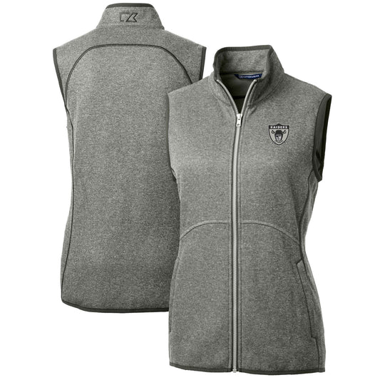 Women's Cutter & Buck Heather Gray Las Vegas Raiders Throwback Logo Mainsail Basic Sweater Knit Fleece Full-Zip Vest