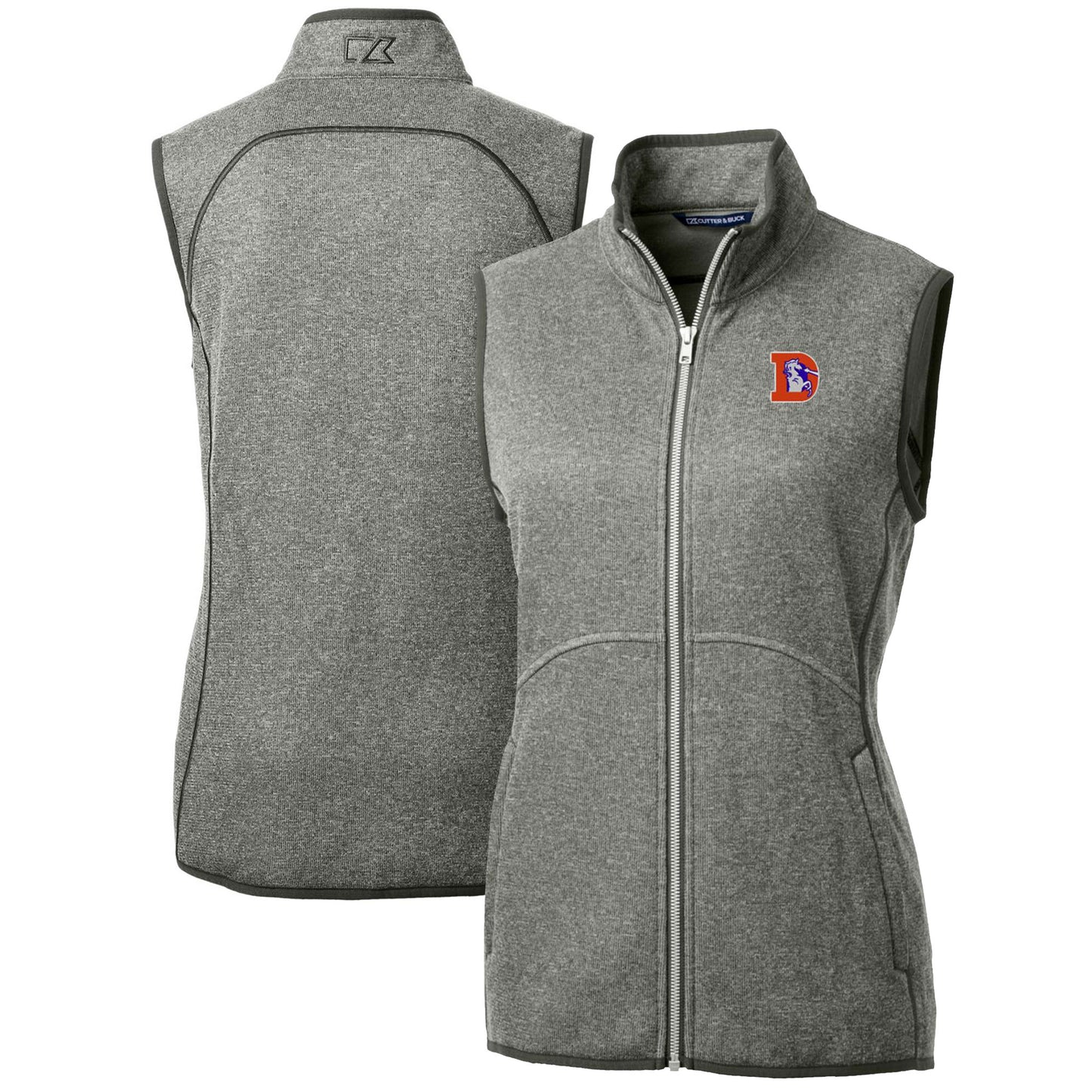 Women's Cutter & Buck Heather Gray Denver Broncos Throwback Logo Mainsail Basic Sweater Knit Fleece Full-Zip Vest