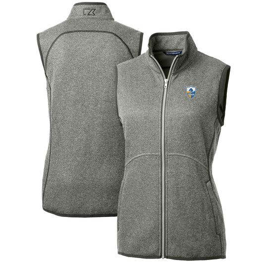 Women's Cutter & Buck Heather Gray Los Angeles Chargers Throwback Logo Mainsail Basic Sweater Knit Fleece Full-Zip Vest