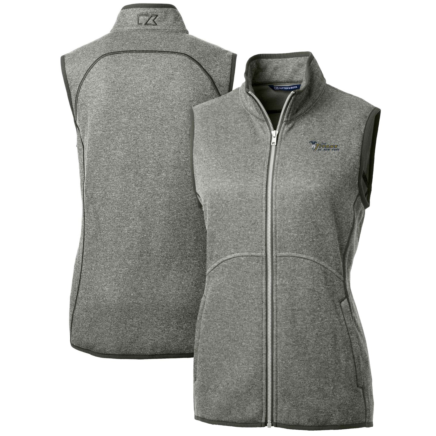 Women's Cutter & Buck Heather Gray New York Jets Throwback Logo Mainsail Basic Sweater Knit Fleece Full-Zip Vest