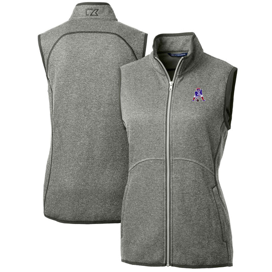 Women's Cutter & Buck Heather Gray New England Patriots Throwback Logo Mainsail Basic Sweater Knit Fleece Full-Zip Vest