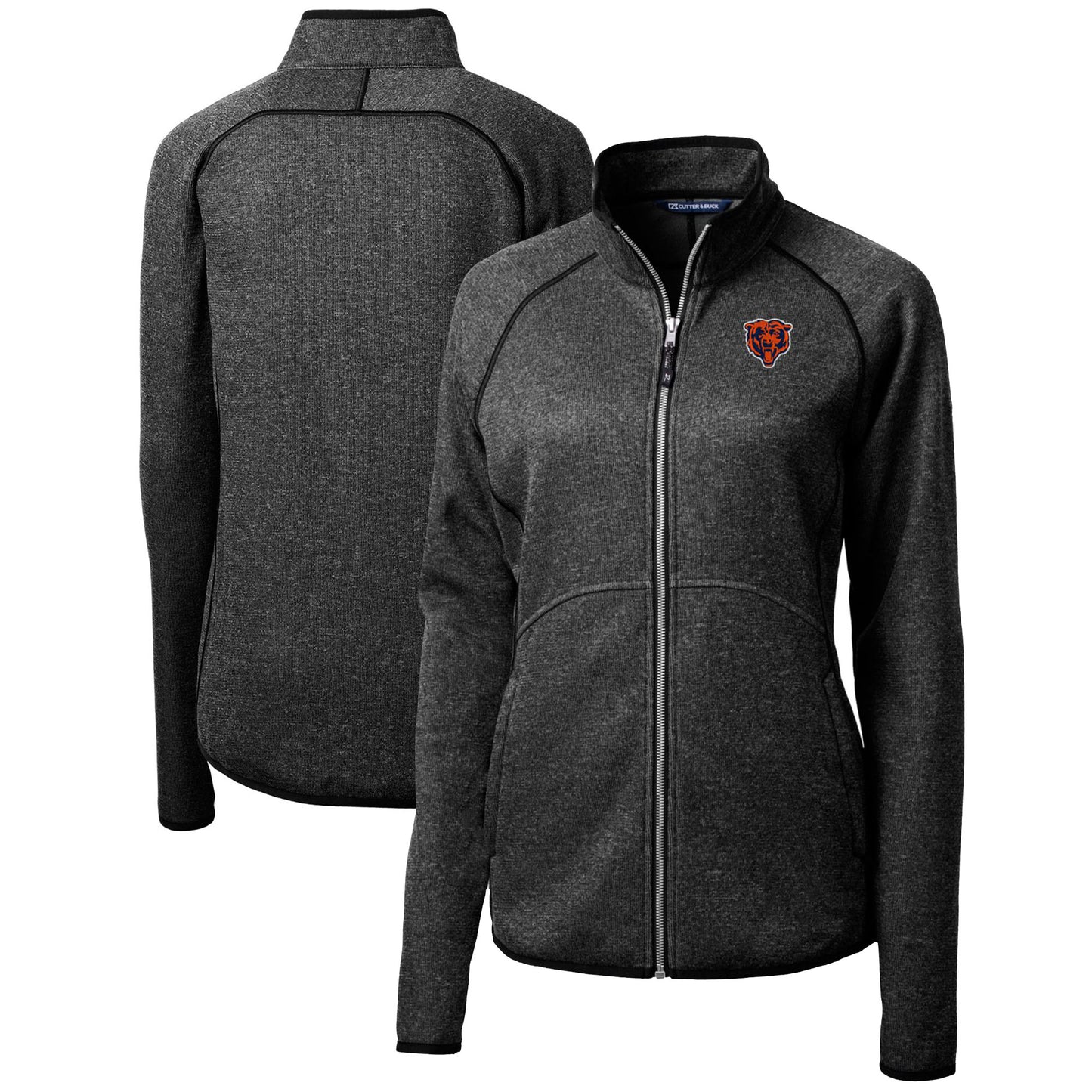 Women's Cutter & Buck Heather Charcoal Chicago Bears Throwback Logo Mainsail Sweater Knit Fleece Full-Zip Jacket