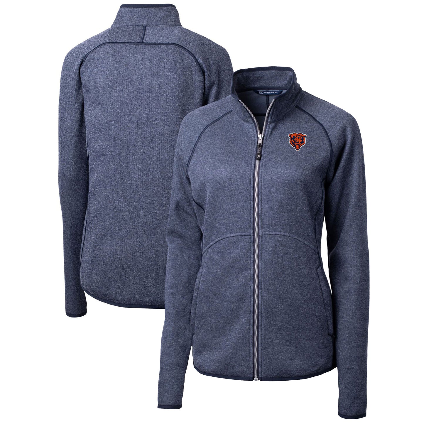 Women's Cutter & Buck Heather Navy Chicago Bears Throwback Logo Mainsail Sweater Knit Fleece Full-Zip Jacket