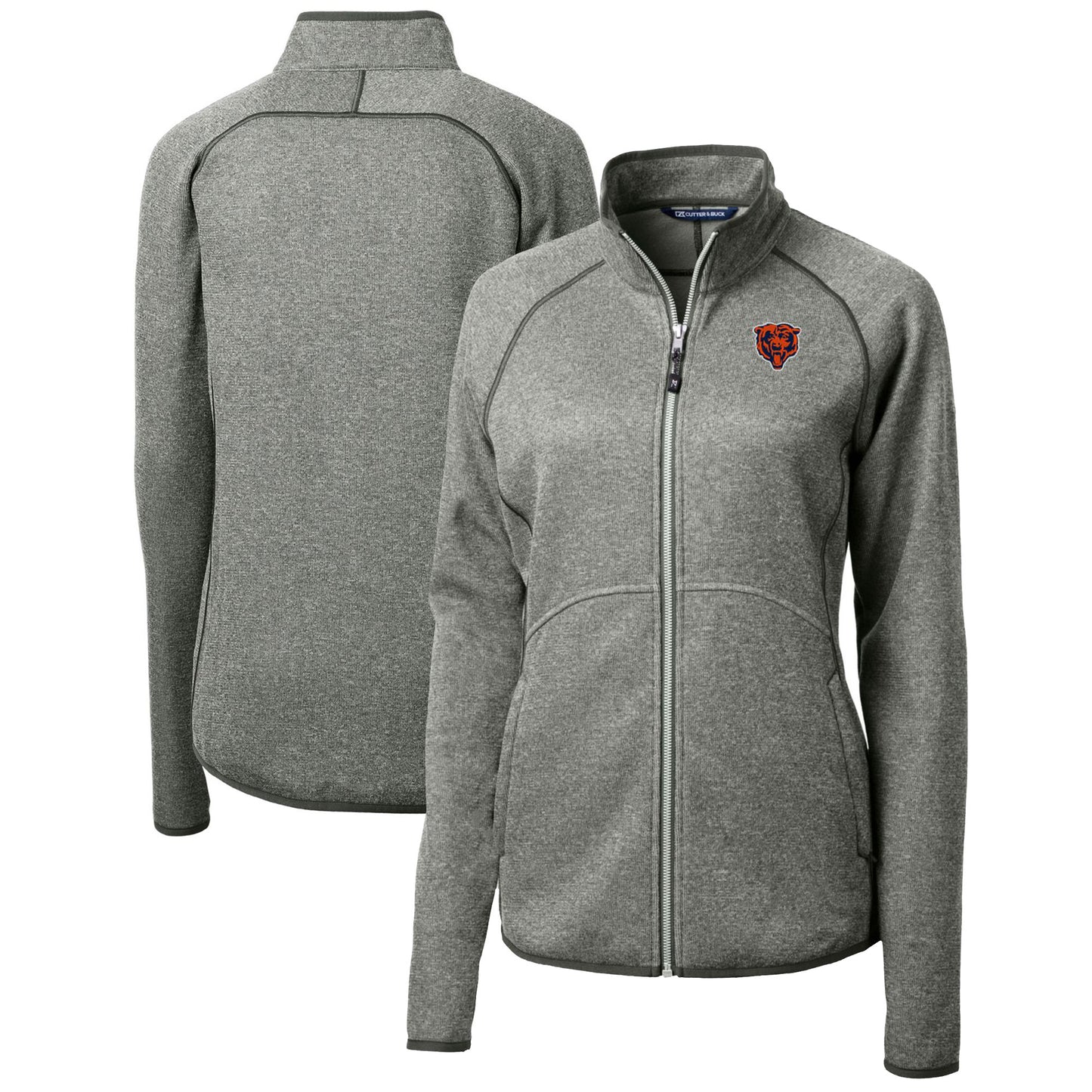 Women's Cutter & Buck Heather Gray Chicago Bears Throwback Logo Mainsail Sweater Knit Fleece Full-Zip Jacket