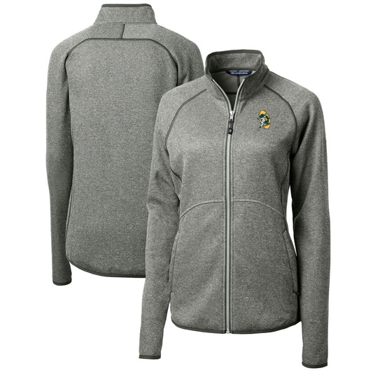 Women's Cutter & Buck Heather Gray Green Bay Packers Throwback Logo Mainsail Sweater Knit Fleece Full-Zip Jacket