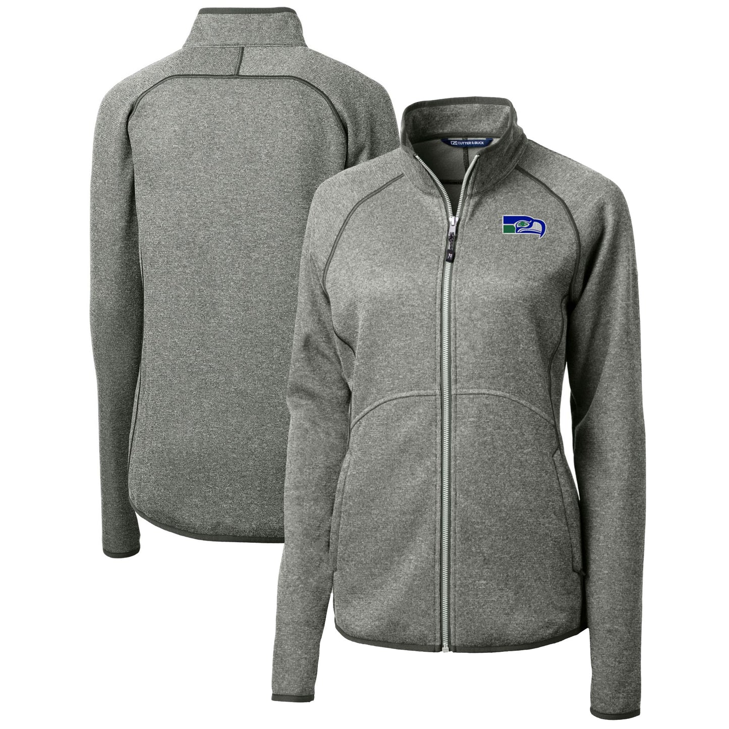 Women's Cutter & Buck Heather Gray Seattle Seahawks Throwback Logo Mainsail Sweater Knit Fleece Full-Zip Jacket