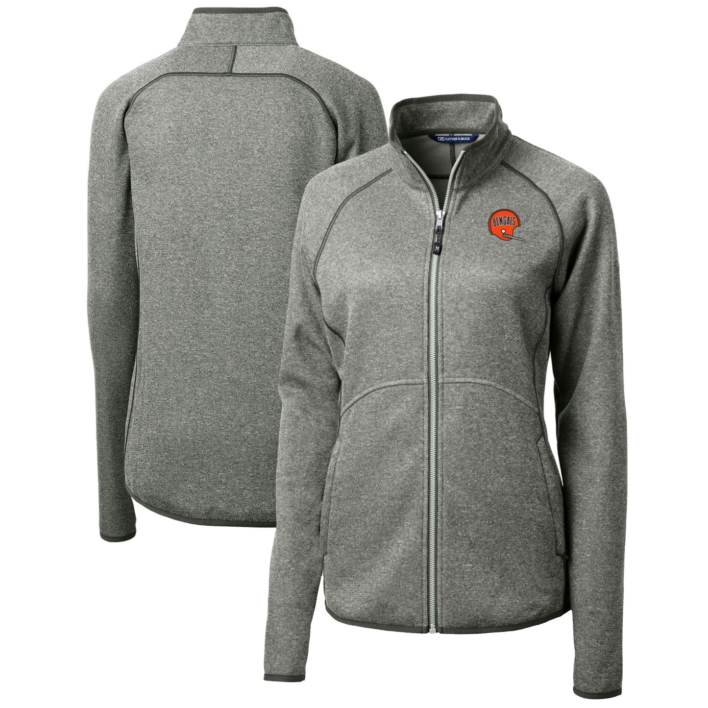 Women's Cutter & Buck Heather Gray Cincinnati Bengals Throwback Logo Mainsail Sweater Knit Fleece Full-Zip Jacket