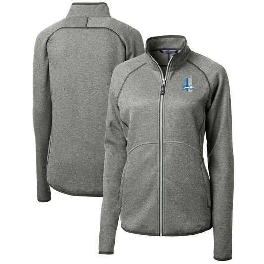 Women's Cutter & Buck Heather Gray Detroit Lions Throwback Logo Mainsail Sweater Knit Fleece Full-Zip Jacket