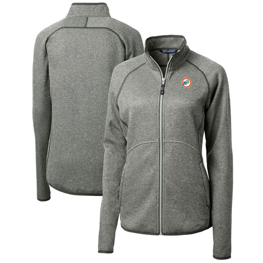 Women's Cutter & Buck Heather Gray Miami Dolphins Throwback Logo Mainsail Sweater Knit Fleece Full-Zip Jacket