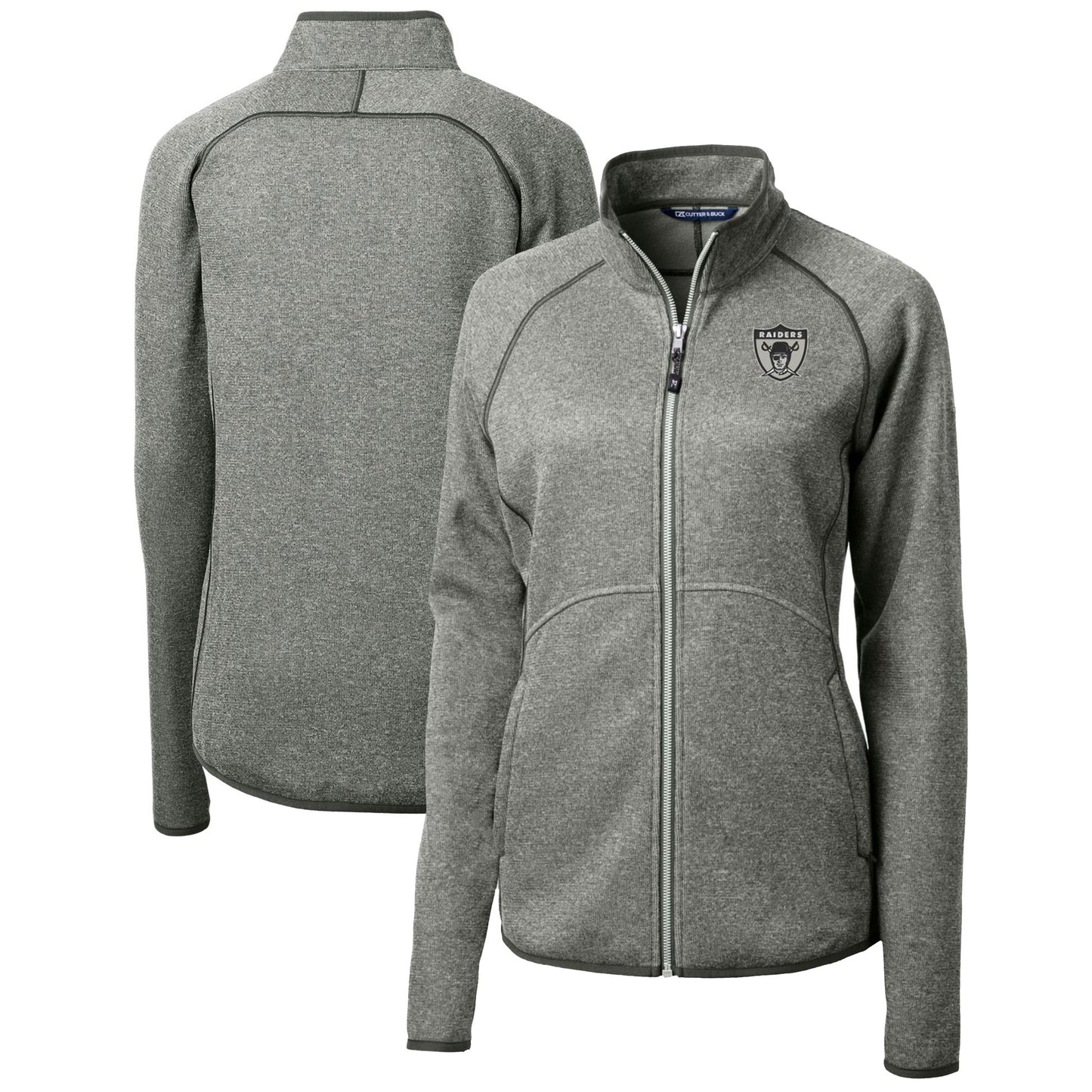 Women's Cutter & Buck Heather Gray Las Vegas Raiders Throwback Logo Mainsail Sweater Knit Fleece Full-Zip Jacket