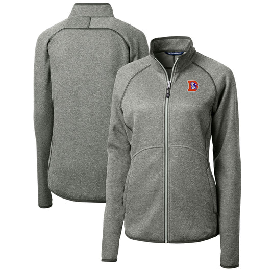 Women's Cutter & Buck Heather Gray Denver Broncos Throwback Logo Mainsail Sweater Knit Fleece Full-Zip Jacket