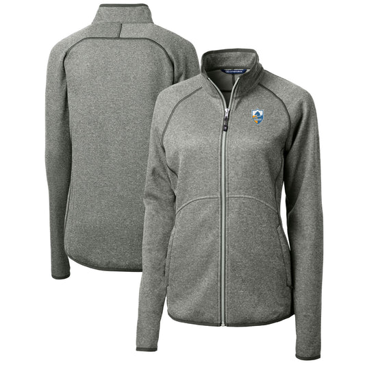 Women's Cutter & Buck Heather Gray Los Angeles Chargers Throwback Logo Mainsail Sweater Knit Fleece Full-Zip Jacket