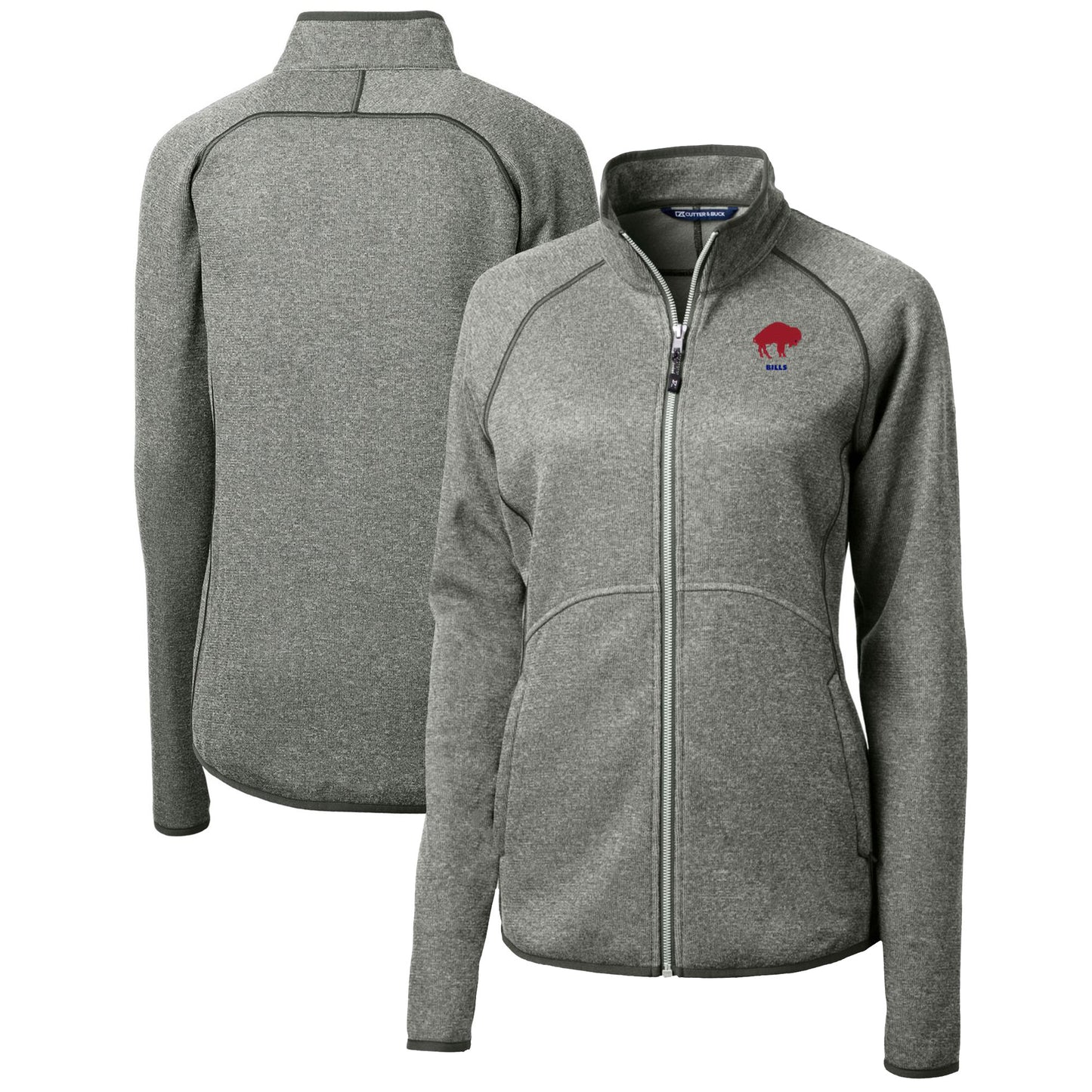 Women's Cutter & Buck Heather Gray Buffalo Bills Throwback Logo Mainsail Sweater Knit Fleece Full-Zip Jacket