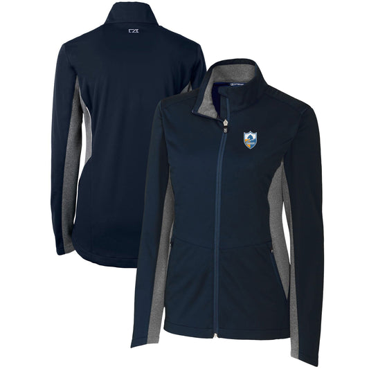 Women's Cutter & Buck Navy Los Angeles Chargers Throwback Logo Navigate Softshell Full-Zip Jacket