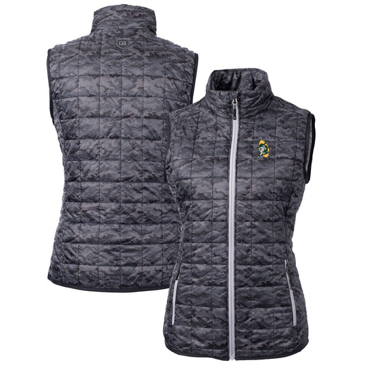 Women's Cutter & Buck Black Green Bay Packers Throwback Logo Rainier PrimaLoft Eco Printed Full-Zip Puffer Vest