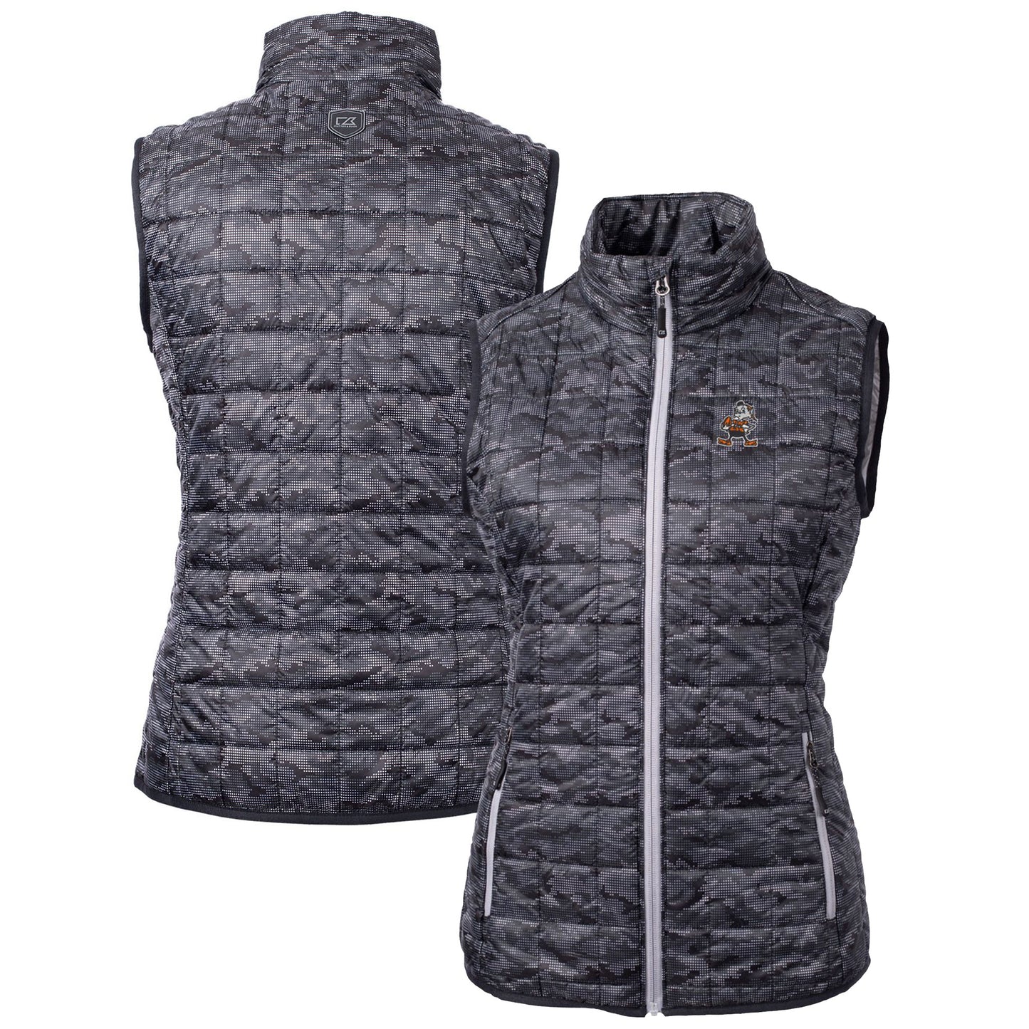 Women's Cutter & Buck Black Cleveland Browns Throwback Logo Rainier PrimaLoft Eco Printed Full-Zip Puffer Vest