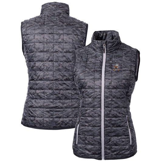 Women's Cutter & Buck Black Cleveland Browns Throwback Logo Rainier PrimaLoft Eco Printed Full-Zip Puffer Vest