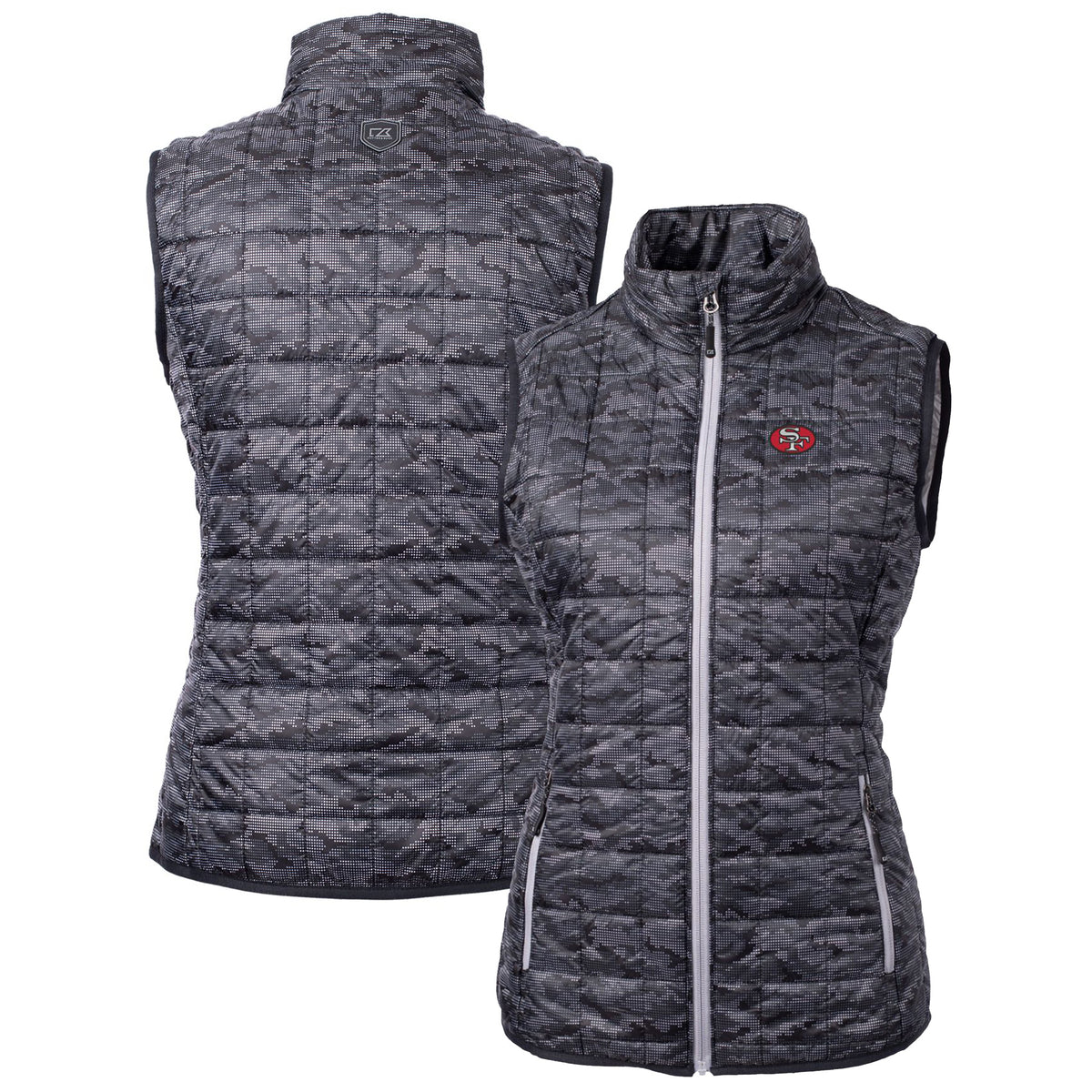 Women's Cutter & Buck Black San Francisco 49ers Throwback Logo Rainier PrimaLoft Eco Printed Full-Zip Puffer Vest
