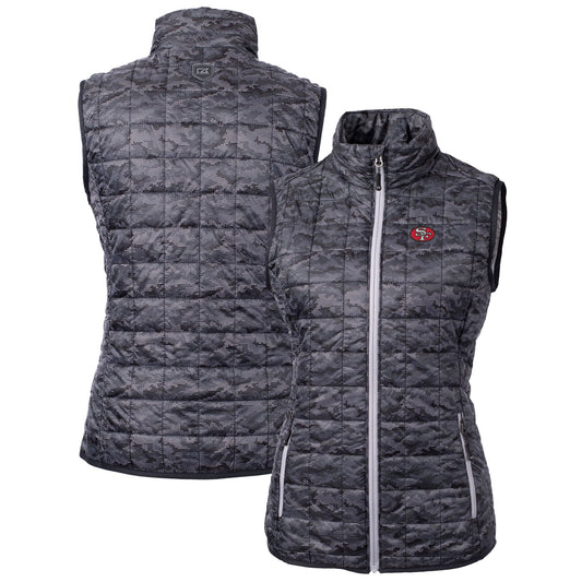 Women's Cutter & Buck Black San Francisco 49ers Throwback Logo Rainier PrimaLoft Eco Printed Full-Zip Puffer Vest