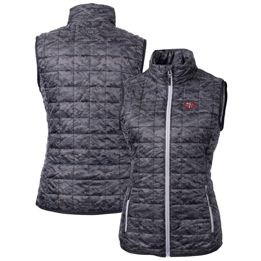 Women's Cutter & Buck Black San Francisco 49ers Throwback Logo Rainier PrimaLoft Eco Printed Full-Zip Puffer Vest