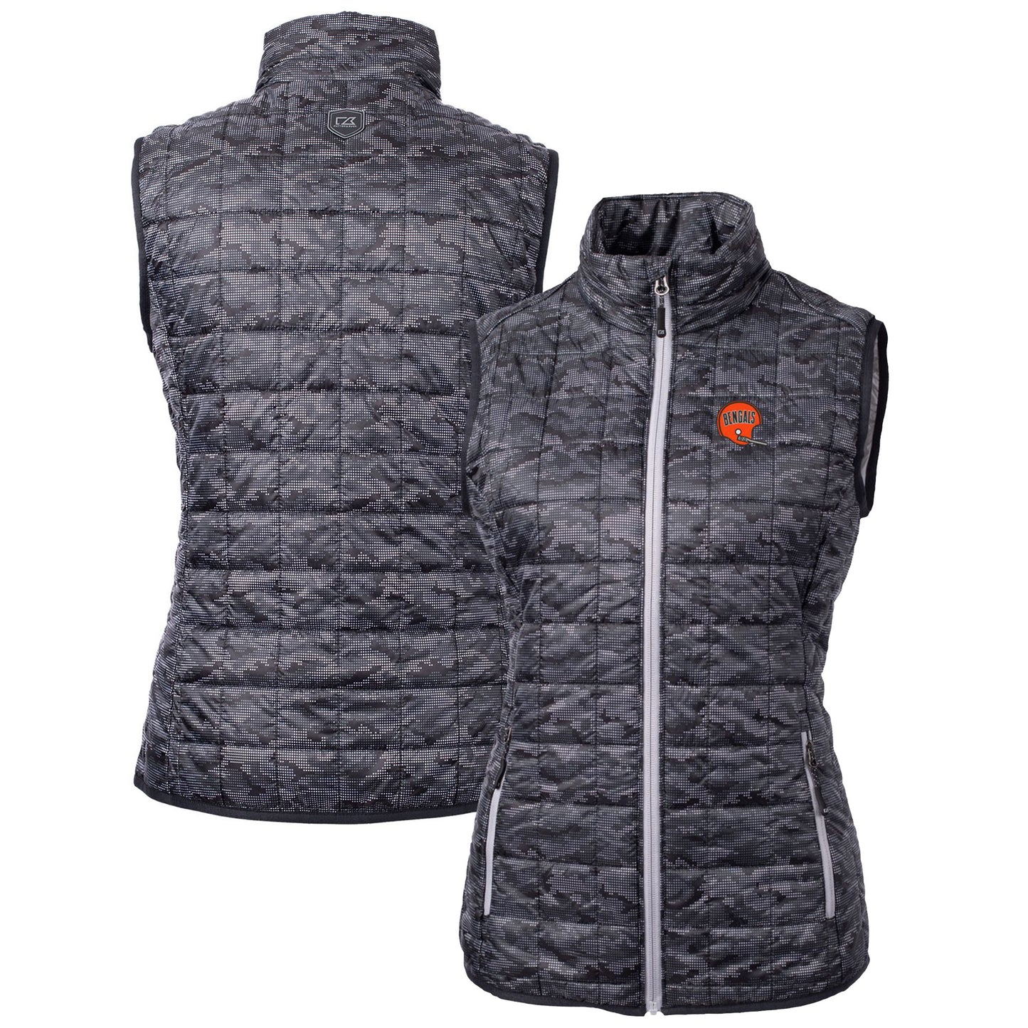 Women's Cutter & Buck Black Cincinnati Bengals Throwback Logo Rainier PrimaLoft Eco Printed Full-Zip Puffer Vest