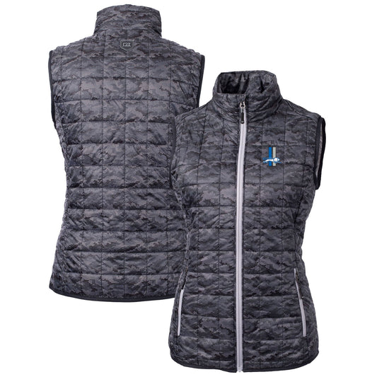 Women's Cutter & Buck Black Detroit Lions Throwback Logo Rainier PrimaLoft Eco Printed Full-Zip Puffer Vest